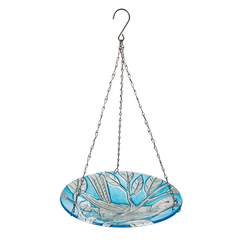 10" Hanging Blue Bird and Branch Glass Bird Bath