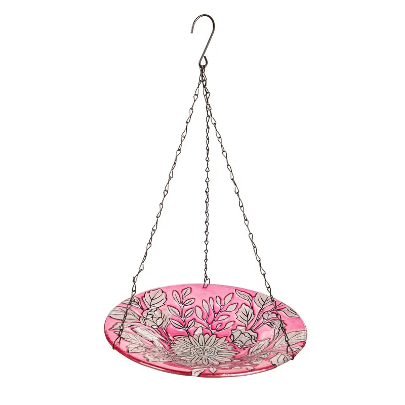 10" Hanging Pink Floral Glass Bird Bath