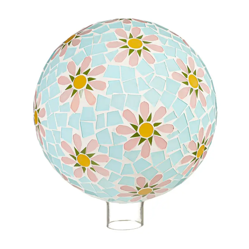 10" Mosaic Glass Gazing Ball, Blue with Pink Flowers