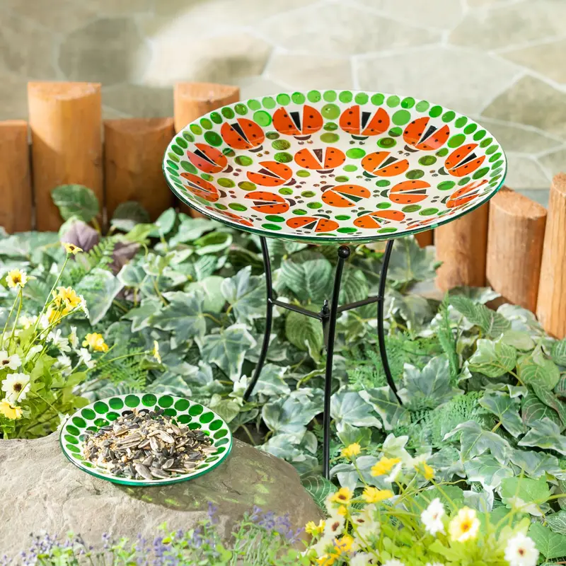 12" Mosaic Bird Bath With Stand & Seed Dish Set, Ladybug