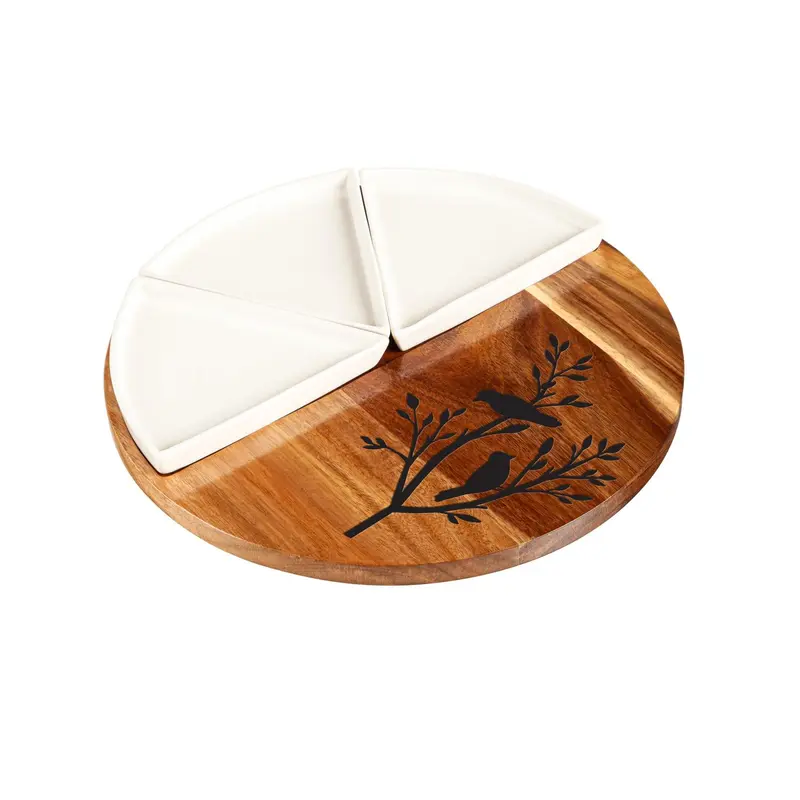12" Wood Round Server with 3 Ceramic Dishes Set