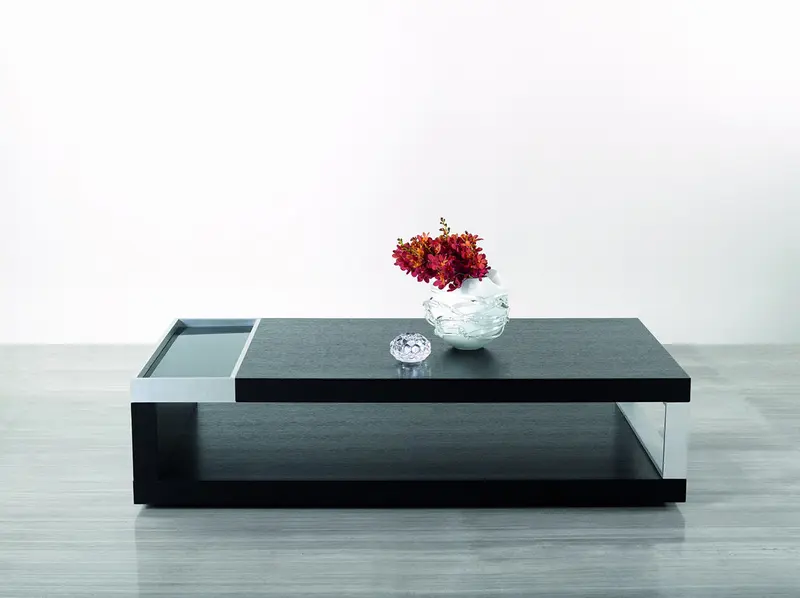 13' Black Oak Veneer Glass and Aluminum Coffee Table By Homeroots