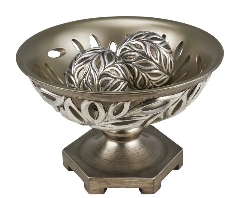 13" Brushed Silver Leaf Polyresin Decorative Pedestal Bowl with Orbs By Homeroots