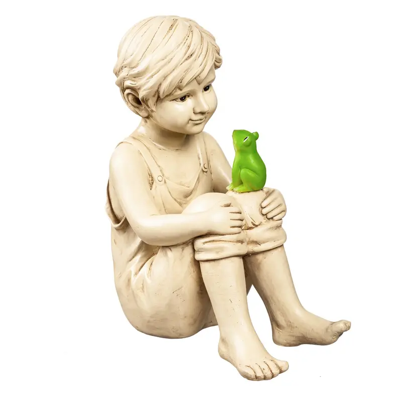 13"H Boy with Frog Garden Statuary, 6.5"x11.22"x13.19"inches