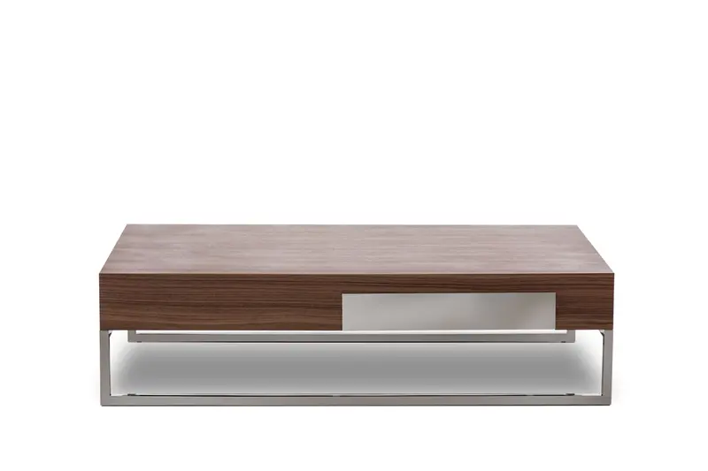 13' Walnut Veneer Steel and Glass Coffee Table By Homeroots