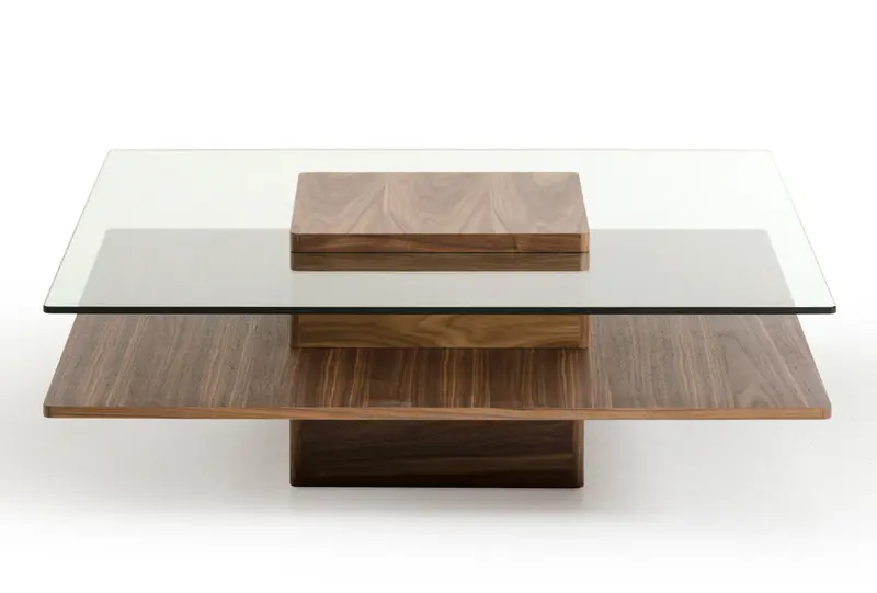 14' Walnut Veneer and Glass Coffee Table By Homeroots