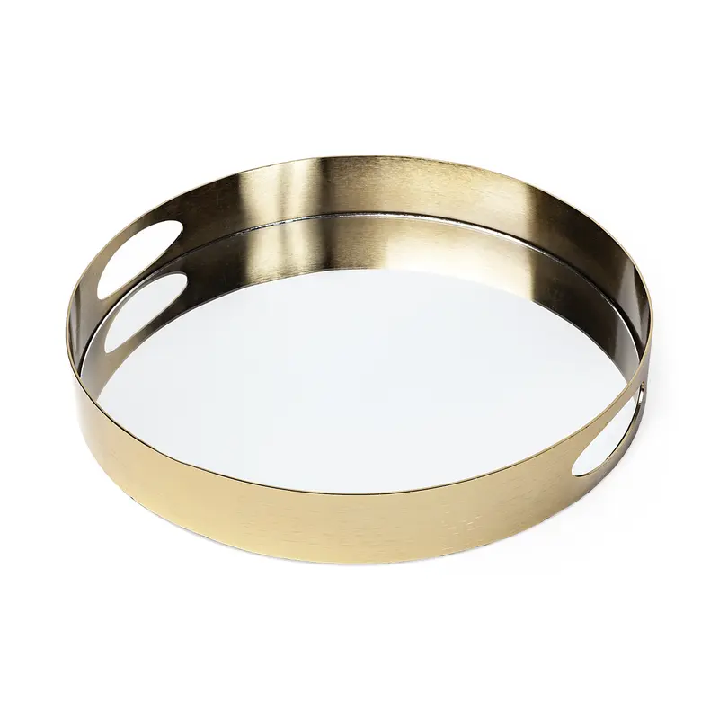 15' Antiqued Gold Tone Metal With Mirrored Glass Bottom Tray By Homeroots