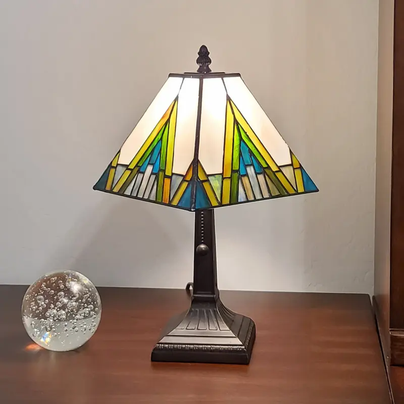 15" Tiffany White Yellow and Blue Mission Style Table Lamp By Homeroots