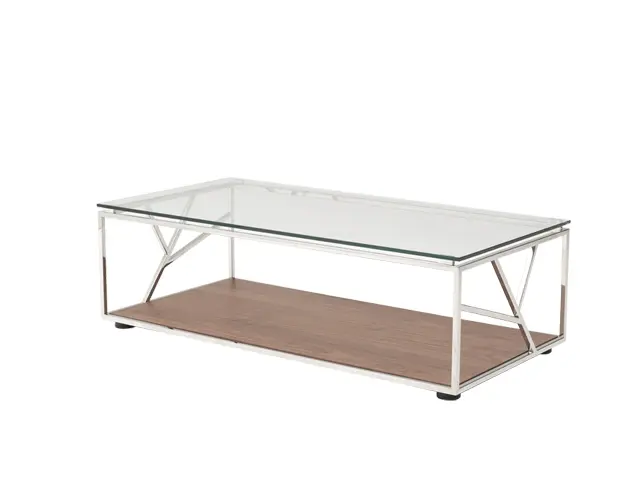 15' Walnut Veneer Glass and Steel Coffee Table By Homeroots