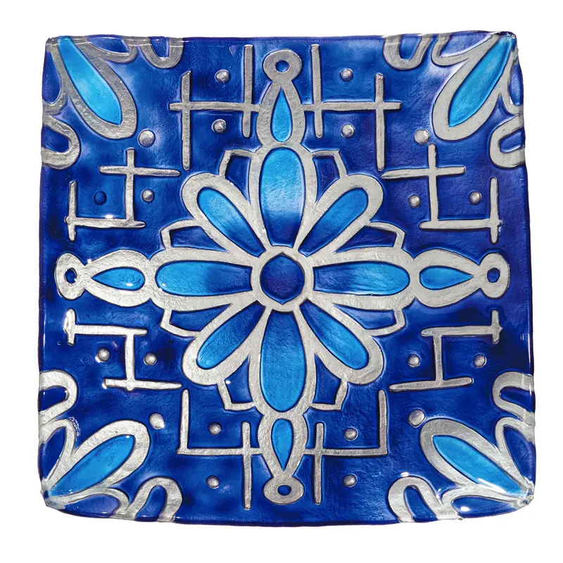 16.5" Hand Painted and Embossed Square Bird Bath, Blue Floral Tiles