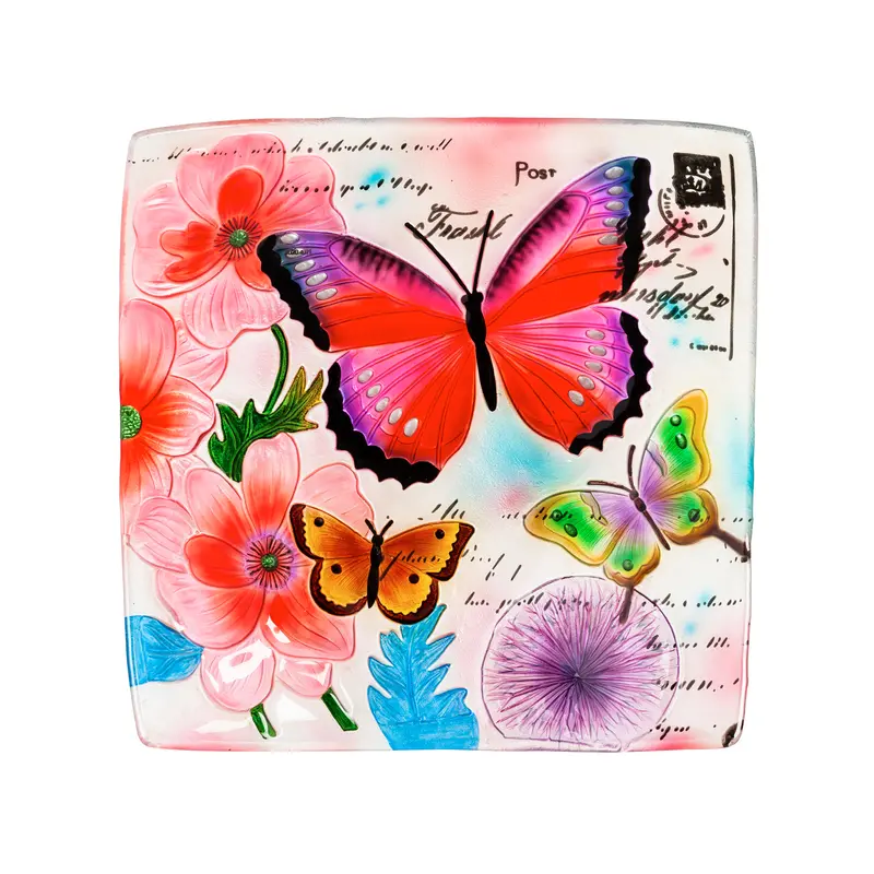 16.5" Hand Painted Embossed Square Glass Bird Bath, Butterfly Prints,2gb851
