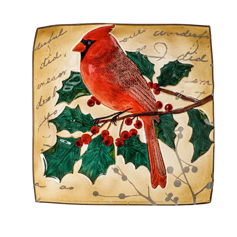 16.5" Hand Painted Embossed Square Glass Bird Bath, Holiday Cardinal,2gb6933