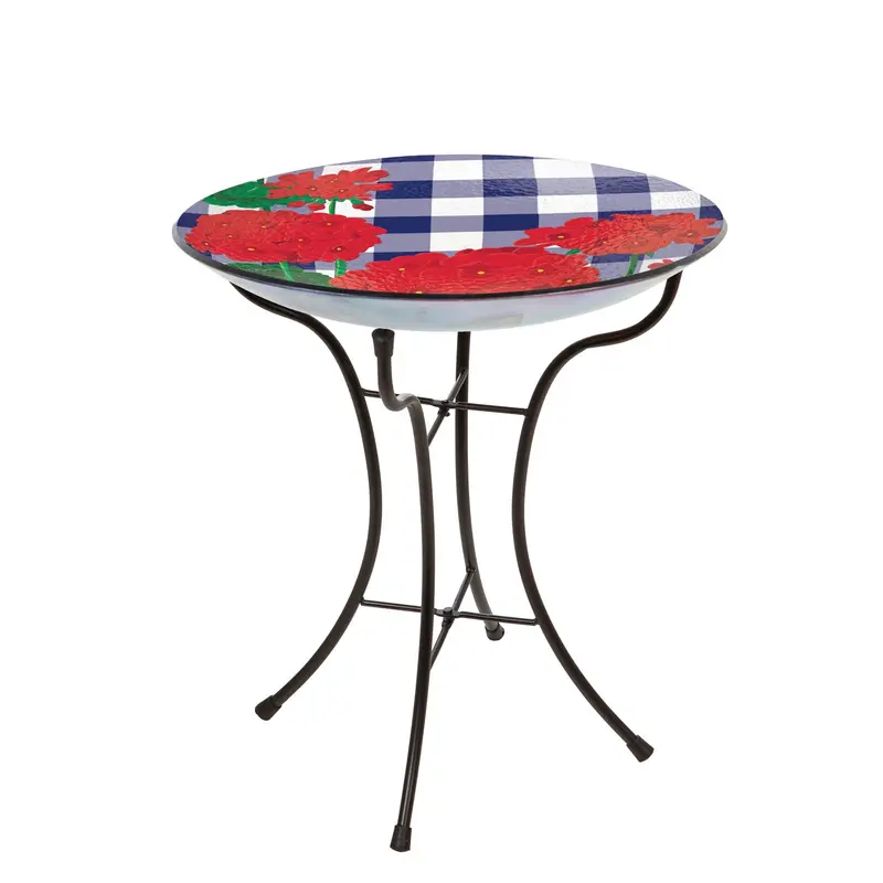 16" Glass Bird Bath with Stand, Plaid Geraniums,2gb7006