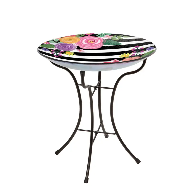 16" Glass Bird Bath with Stand, Striped Florals,2gb7005