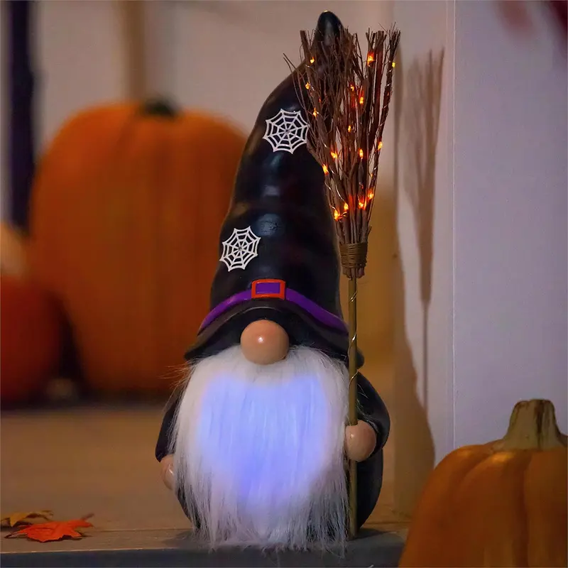 16"H LED Resin statuary, Witch Gnome with BlackHhat