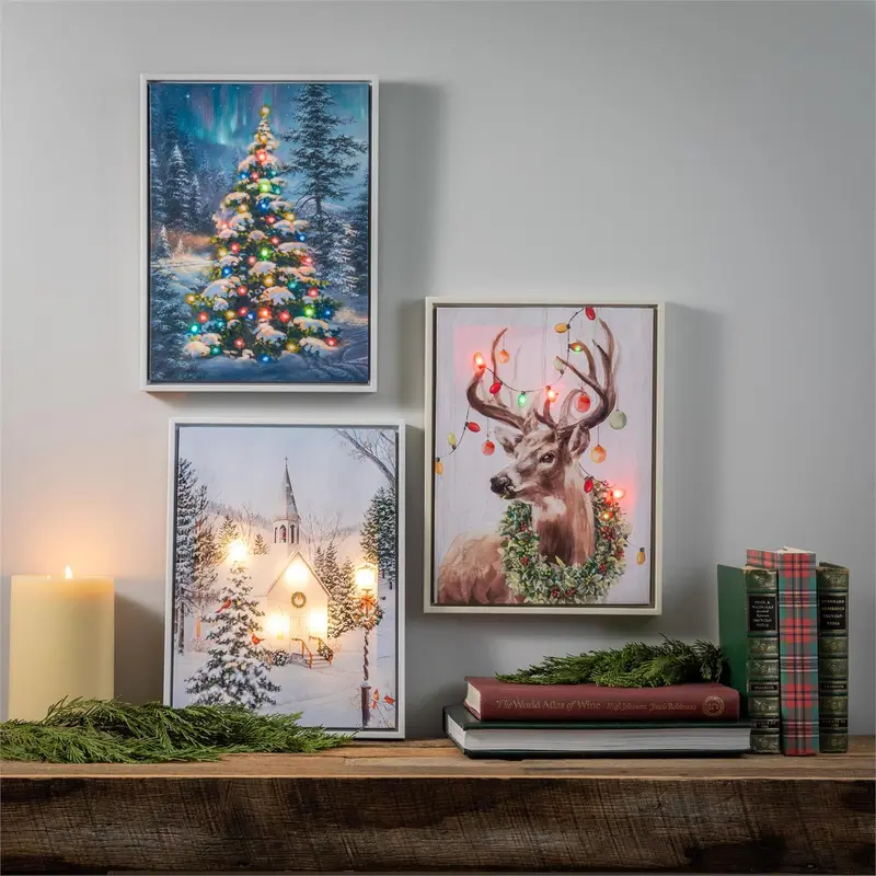 16" H x 12" L LED Christmas Canvas with White Frame
