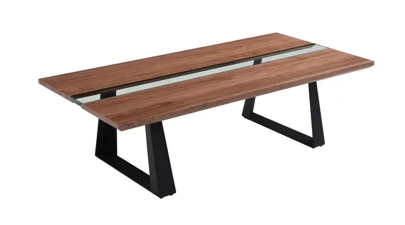16' Walnut Veneer Metal and Glass Coffee Table By Homeroots - 284308