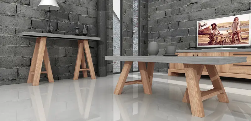 18' Concrete and Solid Acacia Wood Coffee Table By Homeroots