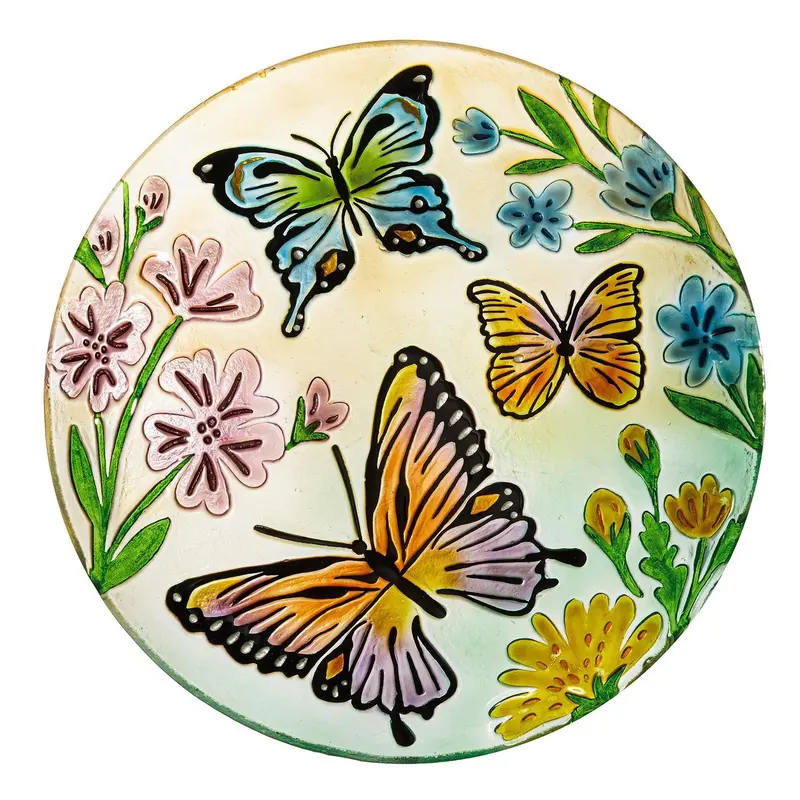 18"Hand Painted and Embossed Glass Bird Bath, Fluttering Butterfly Fields