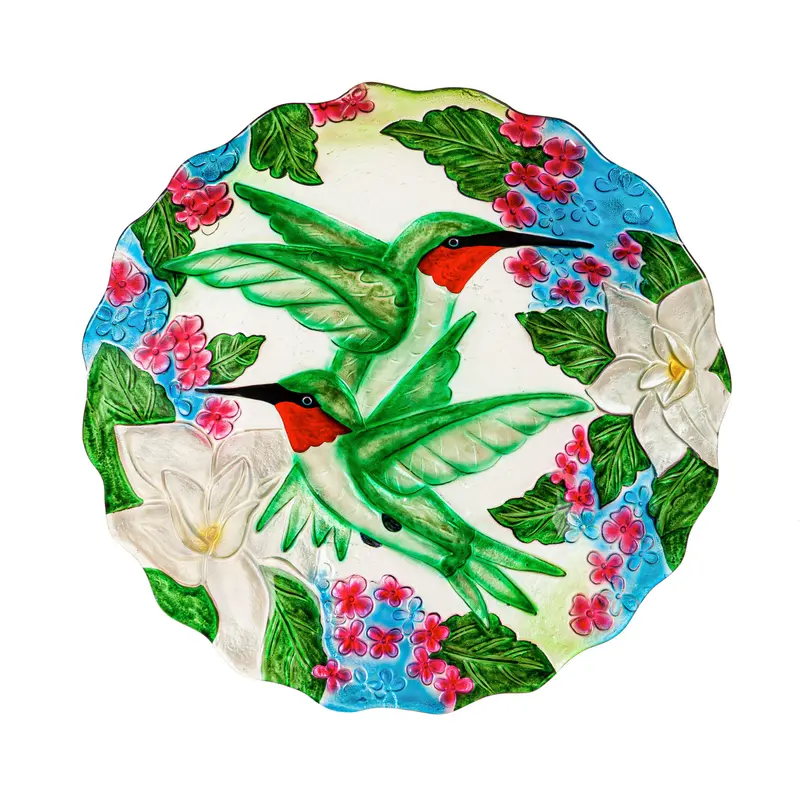 18"Hand Painted and Embossed Glass Shaped Bird Bath, Hummingbird Bouquets,2gb7051