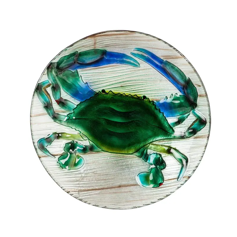 18" Hand Painted Embossed Glass Bird Bath, Blue Crab