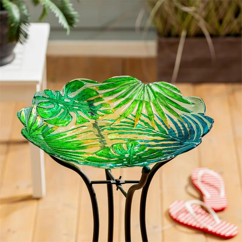 18" Sculpted Edge Glass Bird Bath, Palm Leaves