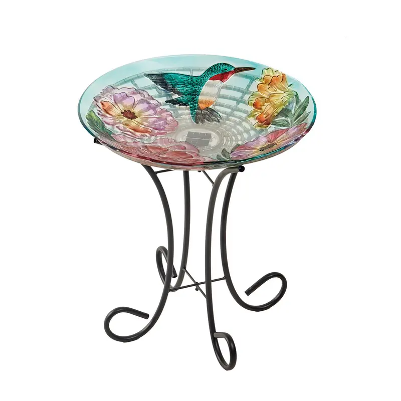 18" Solar Hand Painted Embossed Glass Bird Bath with Stand, Floral Hummingbird,2sp6285