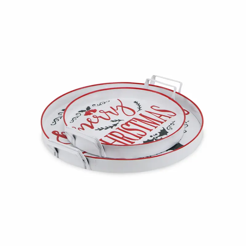 18" White Round Metal Christmas Handmade Tray With Handles By Homeroots