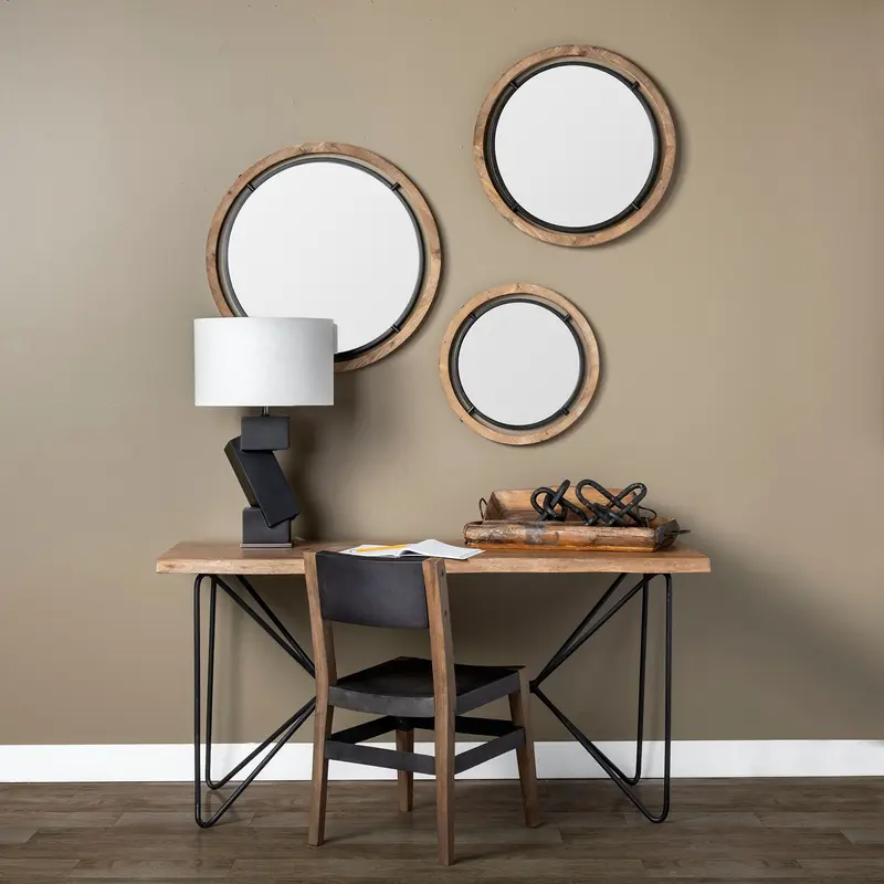 19" Brown Wood and Black Metal Frame Wall Mirror By Homeroots