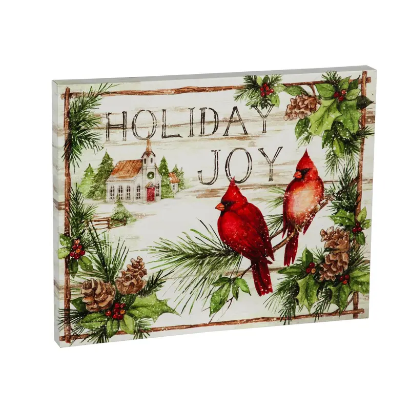 20" L x 16" H LED Indoor Canvas, Holiday Church with Cardinals