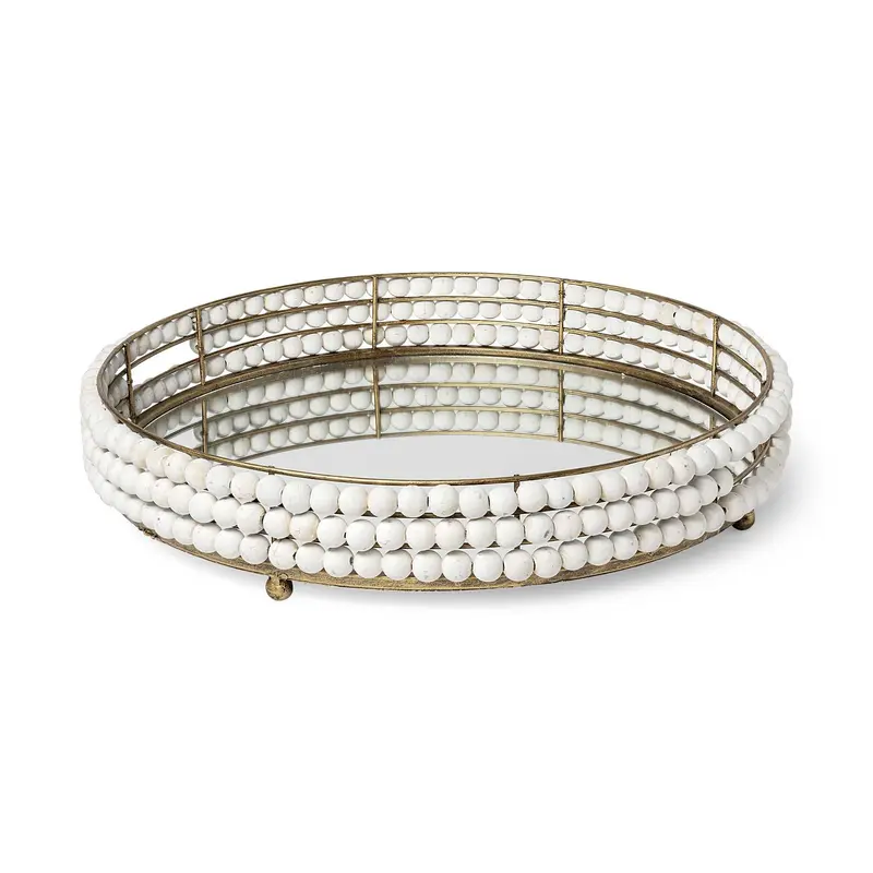 21' Gold Metal With Wooden Bead Frame And Mirrored Glass Bottom Round Tray By Homeroots