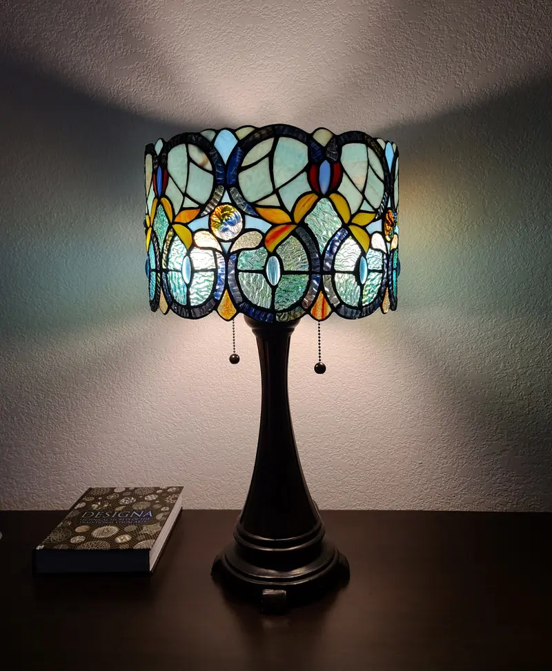 21" Stained Glass Two Light Jeweled Floral Drum Table Lamp By Homeroots