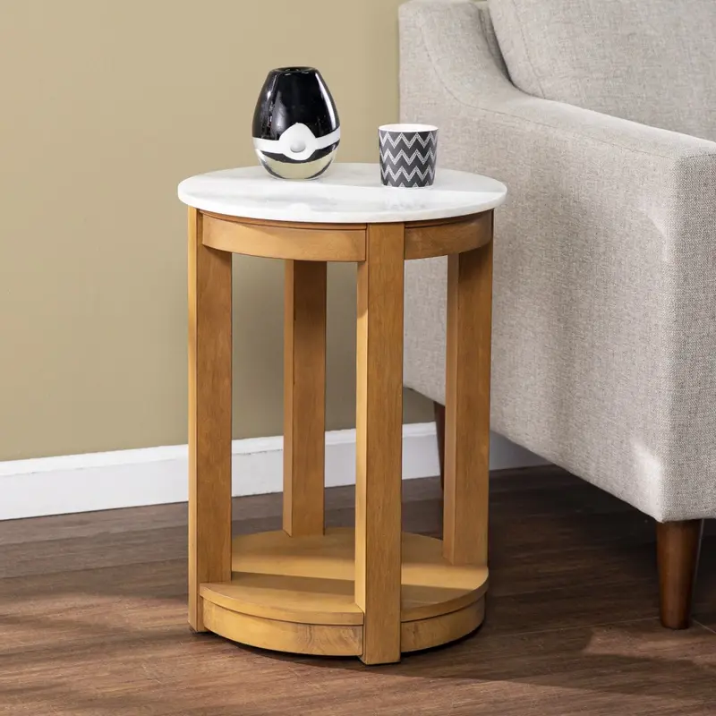 22" Natural Wood And White Faux Marble Manufactured Wood Round End Table With Shelf By Homeroots