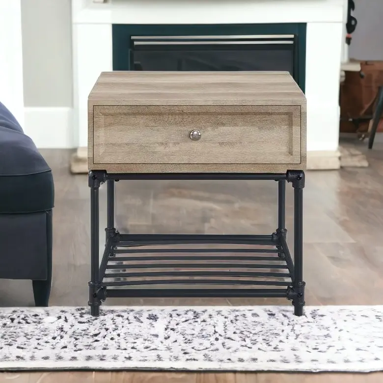 22" Sandy Black And Oak Manufactured Wood And Metal Square End Table With Drawer And Shelf By Homeroots
