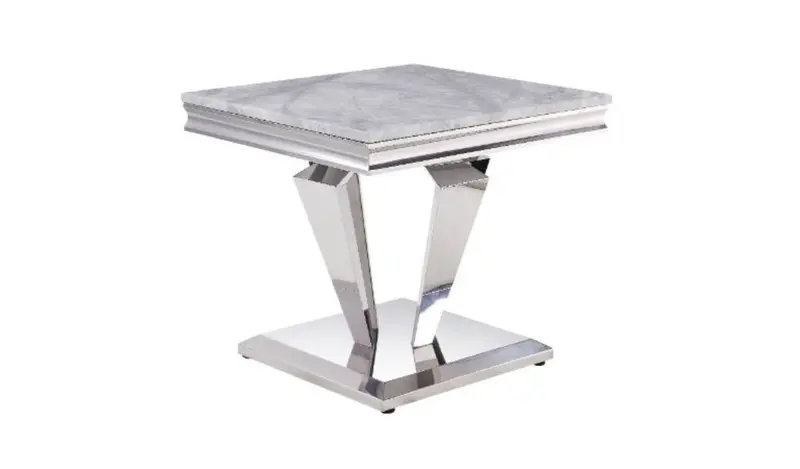22" Silver And Light Gray Marble Look And Stainless Steel Square End Table By Homeroots