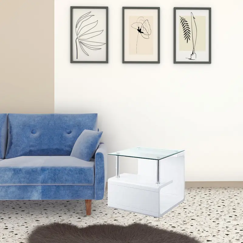 22" White Glass and Wood Square End Table With Two Shelves By Homeroots