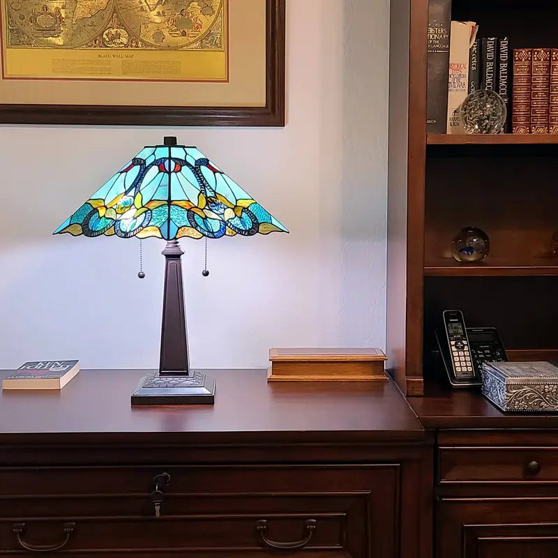 23" Aqua Blues and Amber Abstract Stained Glass Two Light Mission Style Table Lamp By Homeroots