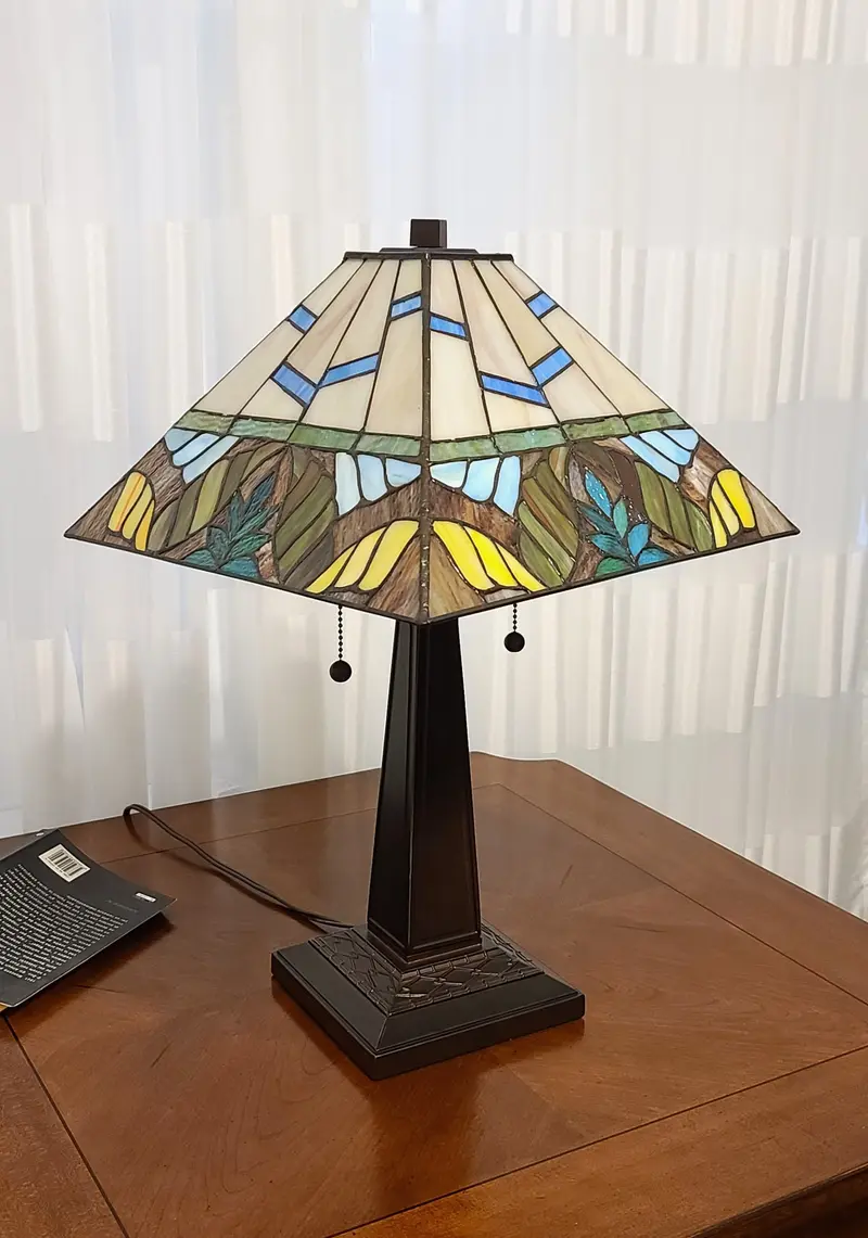 23" White and Aqua Stained Glass Two Light Mission Style Table Lamp By Homeroots