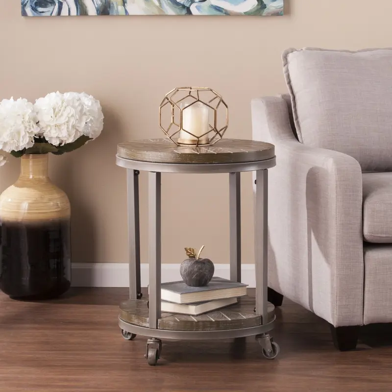 24" Brown Manufactured Wood And Iron Round End Table With Shelf By Homeroots