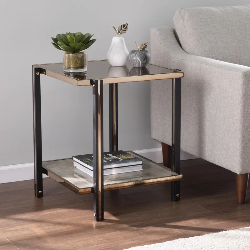 24" Champagne Glass And Iron Square Mirrored End Table With Shelf By Homeroots