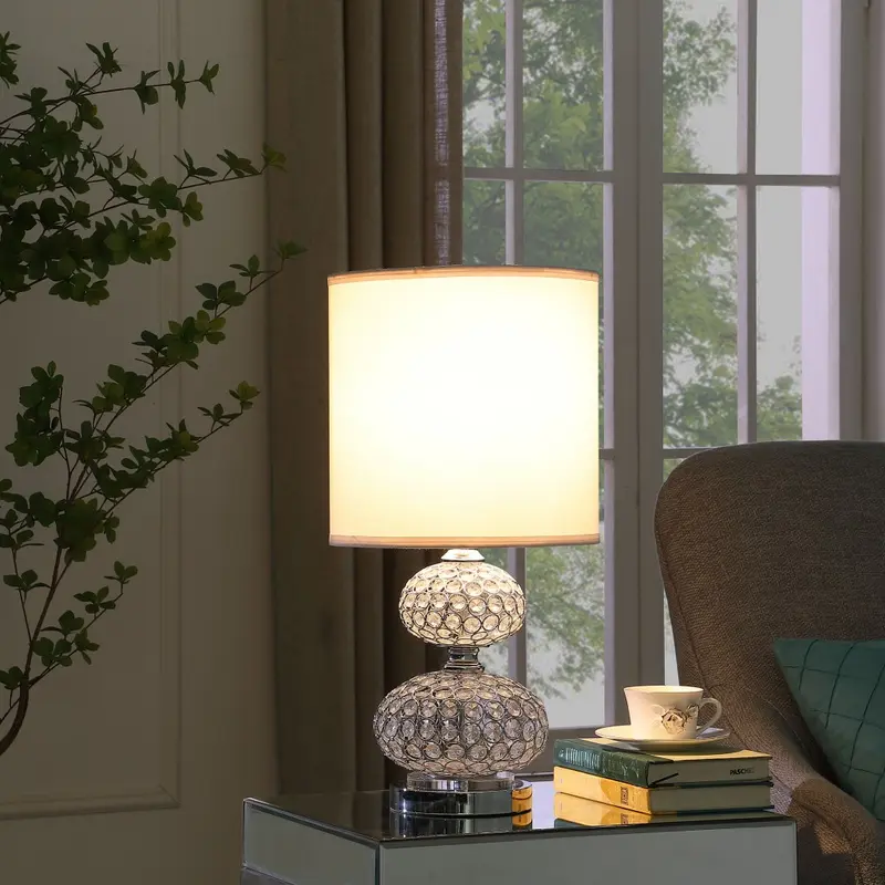 24" Chrome and Faux Crystal Double Orb Table Lamp With White Classic Drum Shade By Homeroots