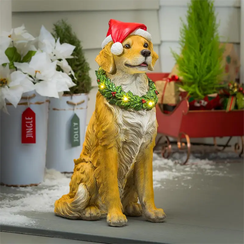 24"H Golden Retreiver with Santa Hat and Wreath Garden Statuary
