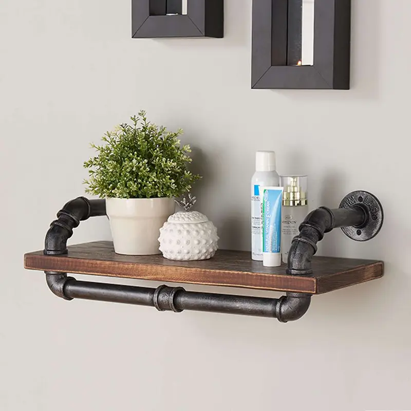 24" Isadore Industrial Pine Wood Floating Wall Shelf in Gray and Walnut Finish By Armen Living