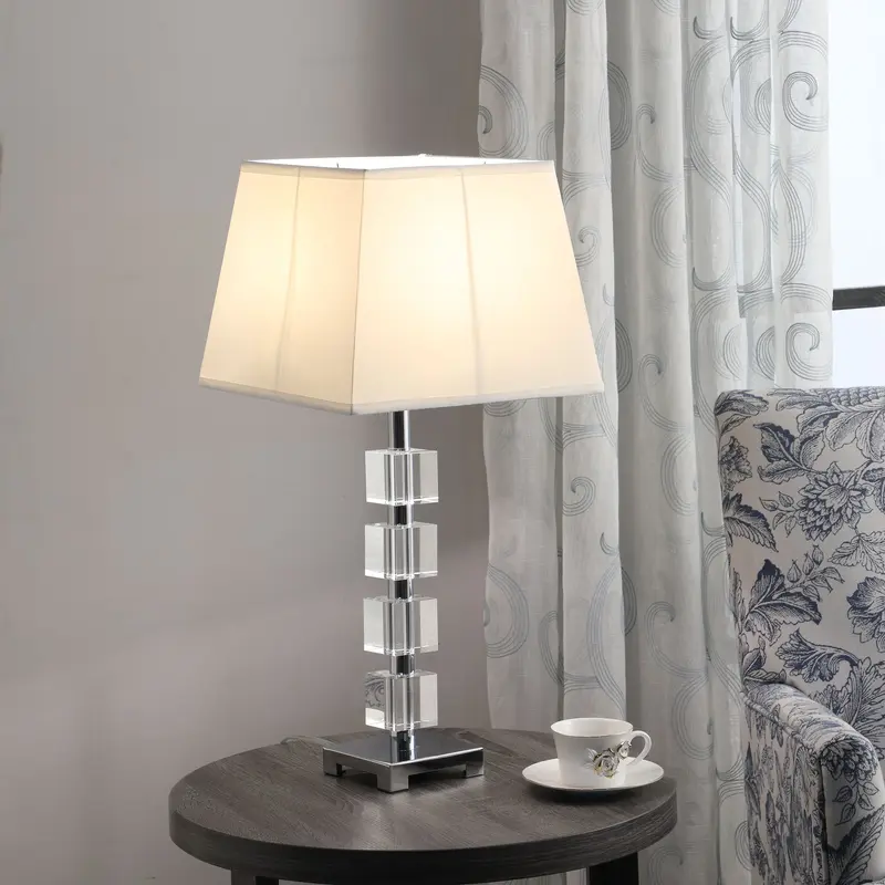 25" Crystal Geo Cubed Table Lamp With White Sharp Corner Square Tapered Shade By Homeroots