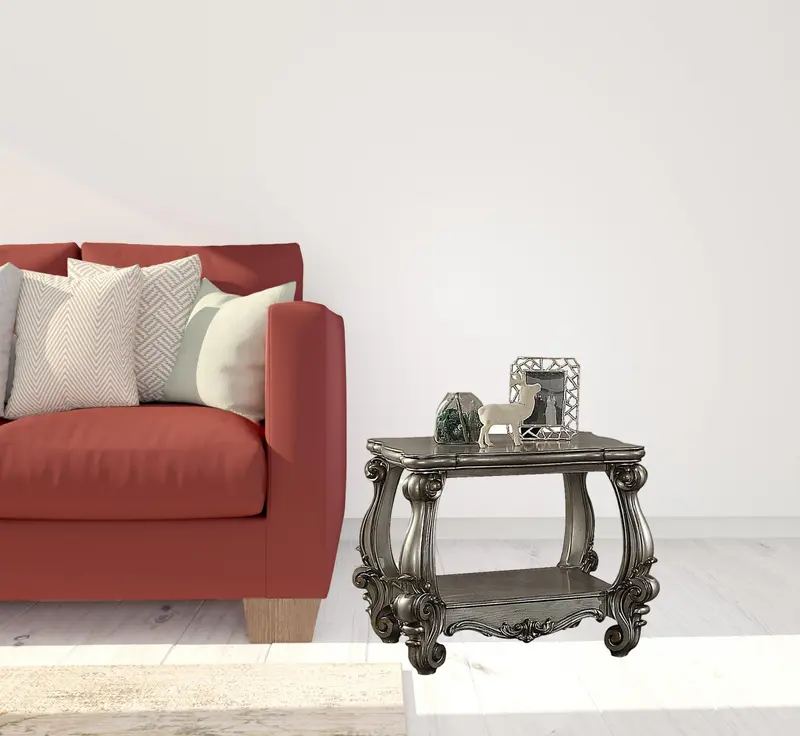 26" Antiqued Platinum Manufactured Wood And Polyresin Scroll Square End Table By Homeroots