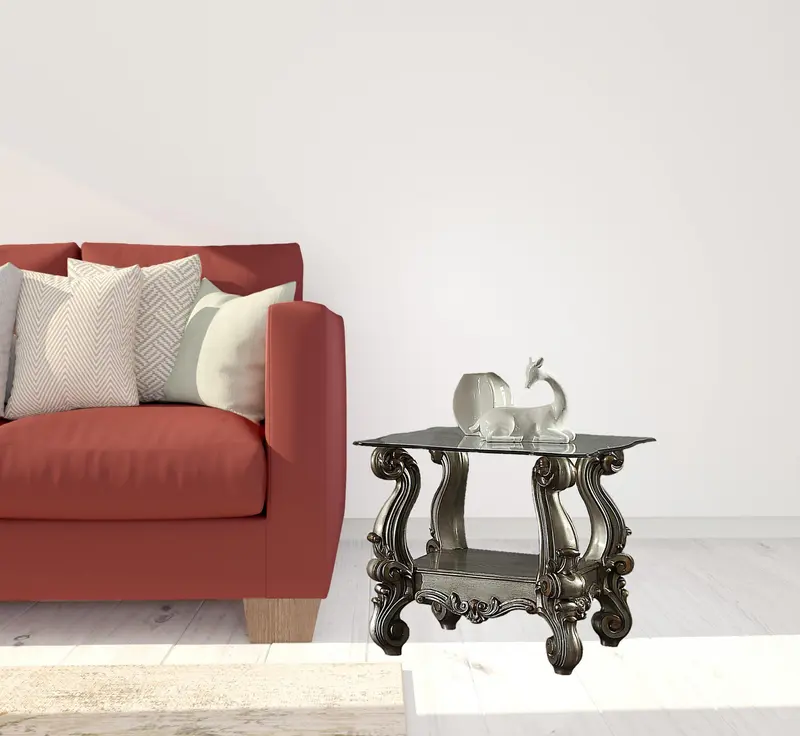 26" Antiqued Platinum Polyresin Scroll And Clear Glass Square End Table With Shelf By Homeroots