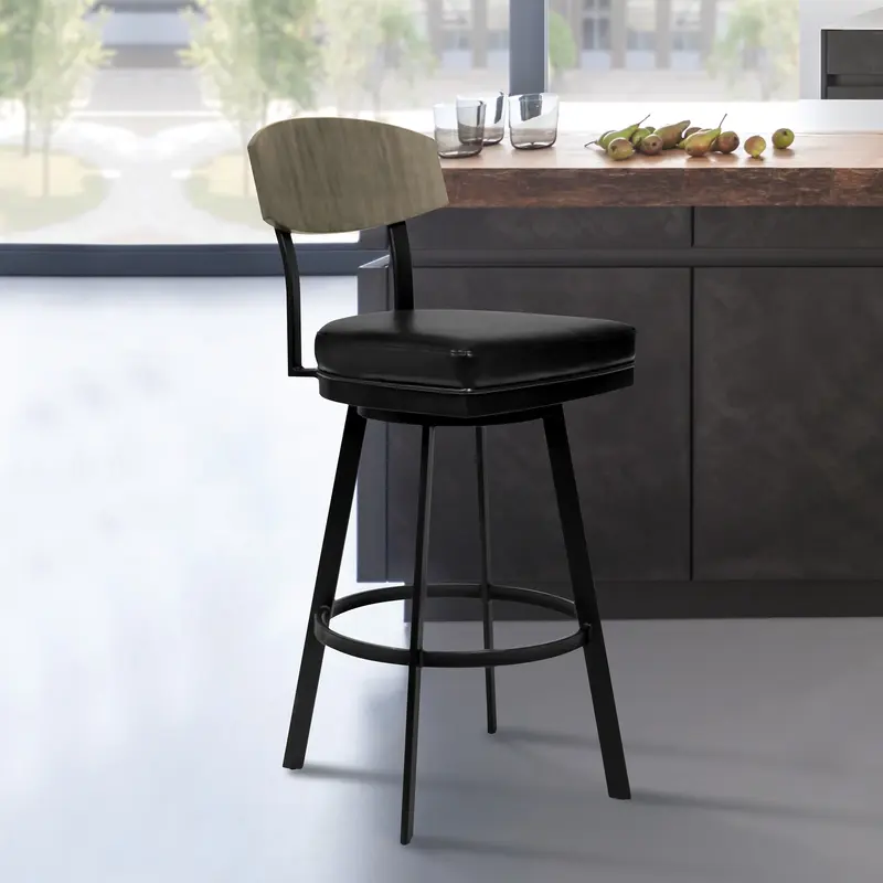 26" Black Faux Leather Black Metal and Gray Walnut Open Back Swivel Bar Stool By Homeroots