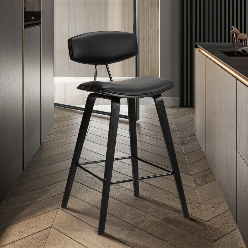 26” Black Faux Leather Mid Century Modern Bar Stool By Homeroots