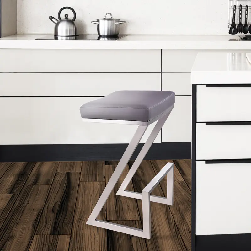 26" Contempo Grey Faux Leather and Stainless Backless Bar Stool By Homeroots