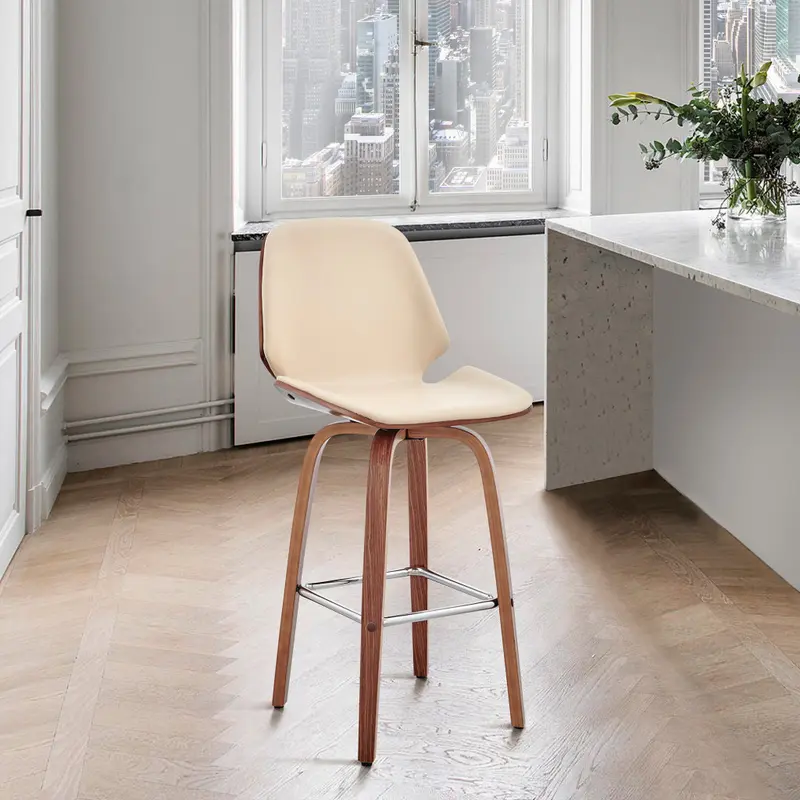 26" Cream Faux Leather Swivel Seat Wooden Bar Stool By Homeroots